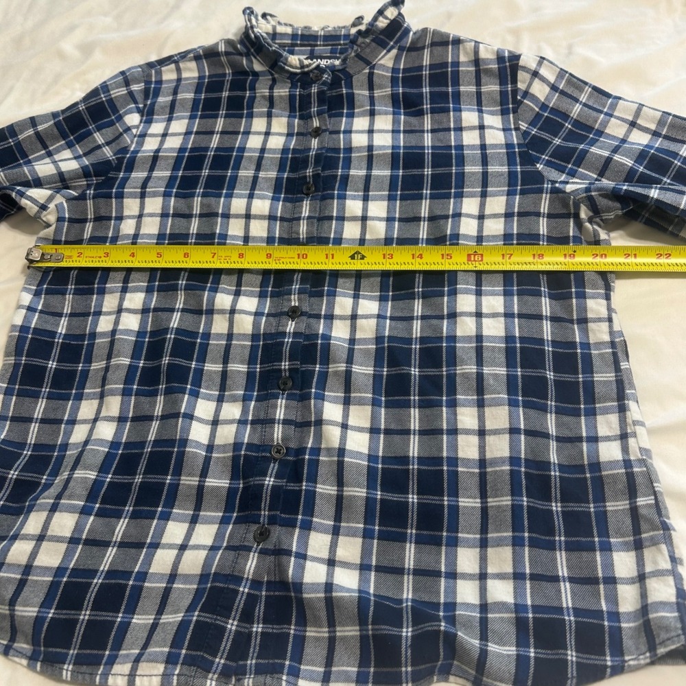 Lands End Womens Blue White Plaid Ruffle Collar Flannel Shirt Petite Medium - Picture 3 of 9